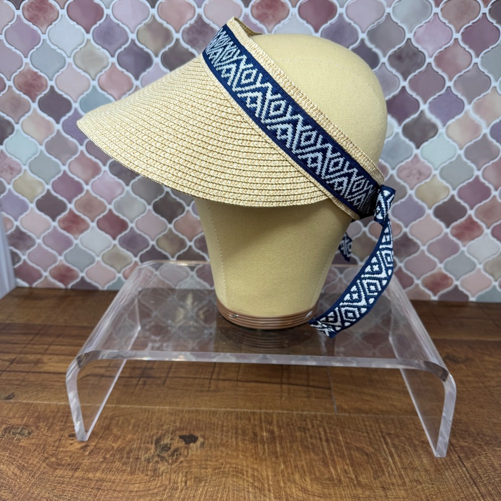 NWT Sea & Grass Straw‎ Visor Navy Blue Geometric Ribbon Tie Back Adjustable